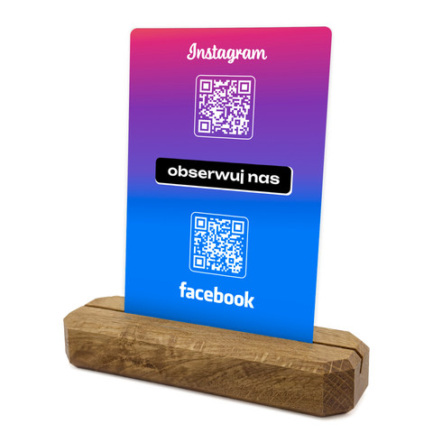 Stojak, karta z podwójnym kodem QR do pozyskiwania obserwujących Instagram i Facebook, podkład dębowy, kolorowa