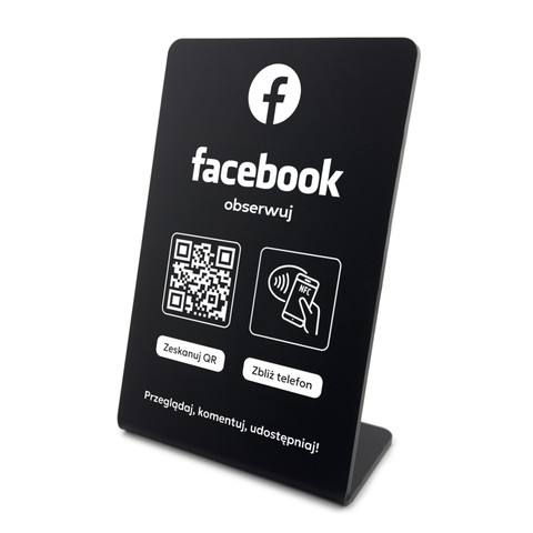 Stojak, prezenter gięty z QR i NFC do pozyskiwania obserwujących Facebook, czarny, wzór 1