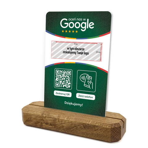 Stojak, prezenter z QR, NFC i logo firmy do zbierania opinii w Google, podkład dębowy, zielony
