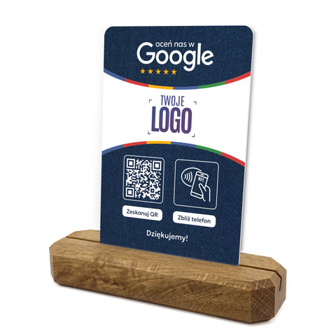 Stojak, prezenter z QR, NFC i logo firmy do zbierania opinii w Google, podkład dębowy, niebieski