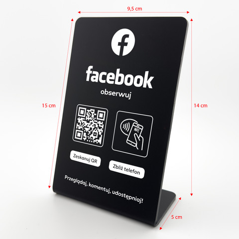 Stojak, prezenter gięty z QR i NFC do pozyskiwania obserwujących Facebook, czarny, wzór 1