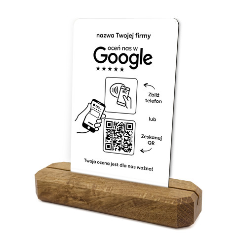Stojak, prezenter z QR i NFC do zbierania opinii w Google, nazwa firmy, podkład dębowy, biały klasyczny
