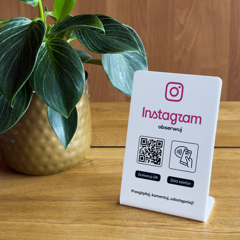 Stojak, prezenter gięty z QR i NFC do pozyskiwania obserwujących Instagram, biały, wzór 1
