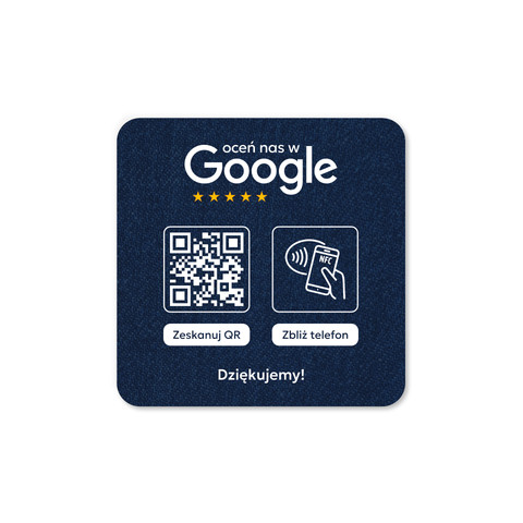 Podkładka na blat lub ladę z kodem QR i tagiem NFC do zbierania opinii w Google, niebieska