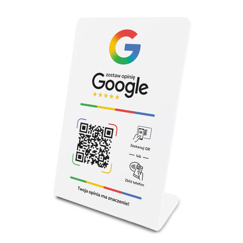 Stojak, prezenter gięty z QR i NFC do zbierania opinii w Google, biały, wzór 4