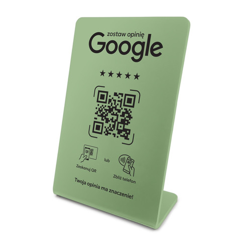 Stojak, prezenter gięty z QR i NFC do zbierania opinii w Google, oliwkowy, wzór 4