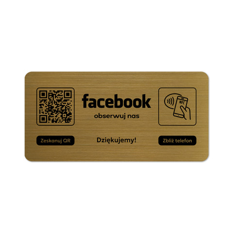 Tabliczka na drzwi lub ścianę z kodem QR i tagiem NFC do pozyskiwania obserwujących Facebook, złota