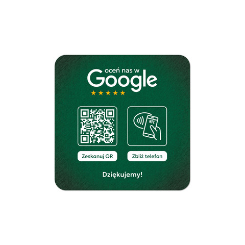 Podkładka na blat lub ladę z kodem QR i tagiem NFC do zbierania opinii w Google, zielona