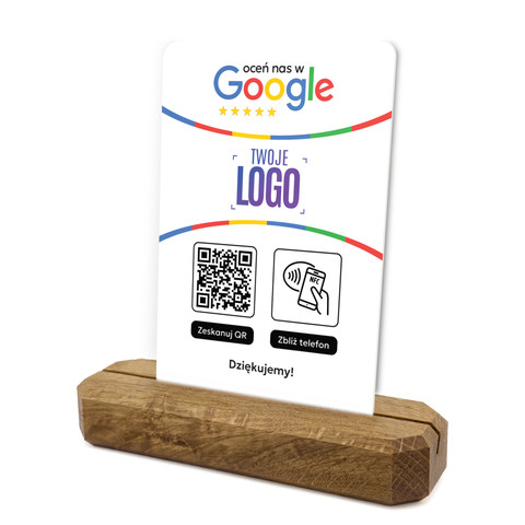 Stojak, prezenter z QR, NFC i logo firmy do zbierania opinii w Google, podkład dębowy, biały