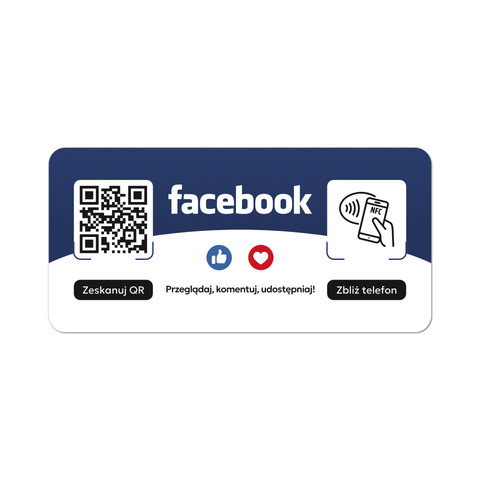 Tabliczka na drzwi lub ścianę z kodem QR i tagiem NFC do pozyskiwania obserwujących Facebook, biała, wzór 2
