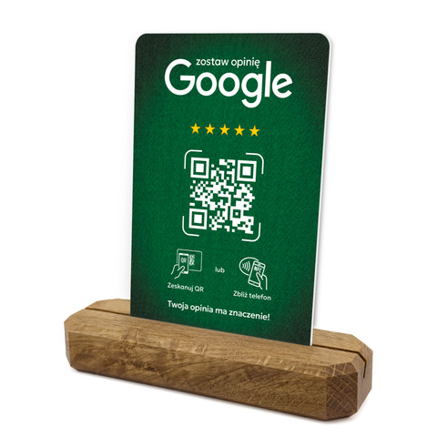 Stojak, prezenter z QR i NFC do zbierania opinii w Google, podstawa drewniana, zielony, wzór 4