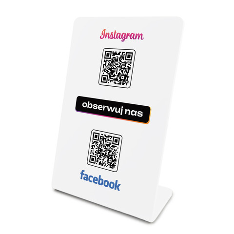 Stojak, prezenter gięty z podwójnym kodem QR do pozyskiwania obserwujących Instagram i Facebook, biały