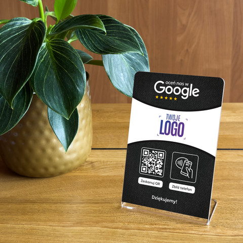 Stojak, prezenter gięty z QR, NFC i logo firmy do zbierania opinii w Google, ciemnoszary