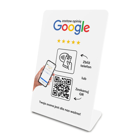 Stojak, prezenter gięty z QR i NFC do zbierania opinii w Google, biały, wzór 7