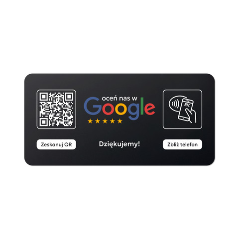 Tabliczka na drzwi lub ścianę z kodem QR i tagiem NFC do zbierania opinii w Google, czarna