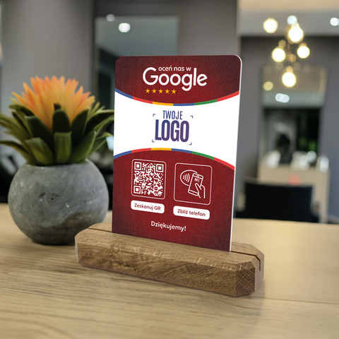 Stojak, prezenter z QR, NFC i logo firmy do zbierania opinii w Google, podkład dębowy, czerwony