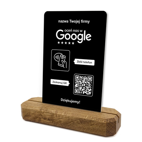 Stojak, prezenter z QR i NFC do zbierania opinii w Google, nazwa firmy, podkład dębowy, czarny pionowy