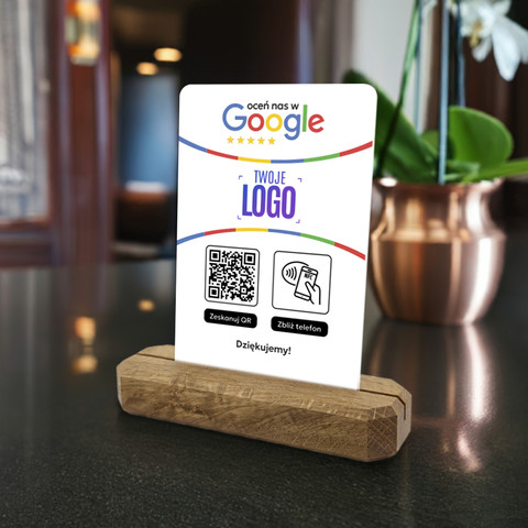 Stojak, prezenter z QR, NFC i logo firmy do zbierania opinii w Google, podkład dębowy, biały