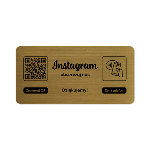 Tabliczka na drzwi lub ścianę z kodem QR i tagiem NFC do pozyskiwania obserwujących Instagram, złota