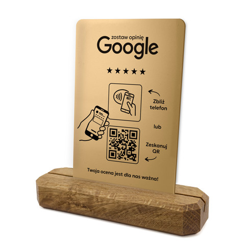 Stojak, prezenter z QR i NFC do zbierania opinii w Google, podstawa drewniana, złoty, wzór 1