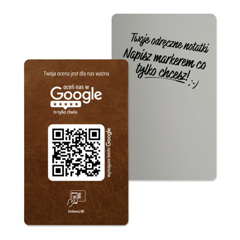 Mała metalowa karta z QR do zbierania opinii w Google, wizytówka, skórzana