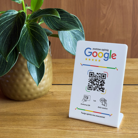 Stojak, prezenter gięty z QR i NFC do zbierania opinii w Google, biały, wzór 5