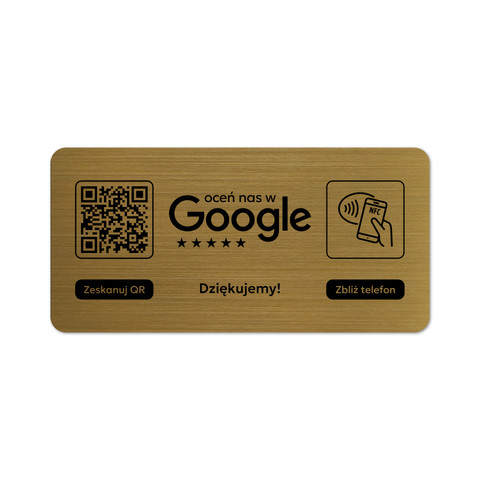 Tabliczka na drzwi lub ścianę z kodem QR i tagiem NFC do zbierania opinii w Google, złota