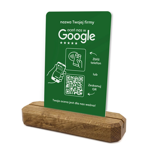 Stojak, prezenter z QR i NFC do zbierania opinii w Google, nazwa firmy, podkład dębowy, zielony klasyczny