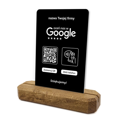 Stojak, prezenter z QR i NFC do zbierania opinii w Google, nazwa firmy, podkład dębowy, czarny