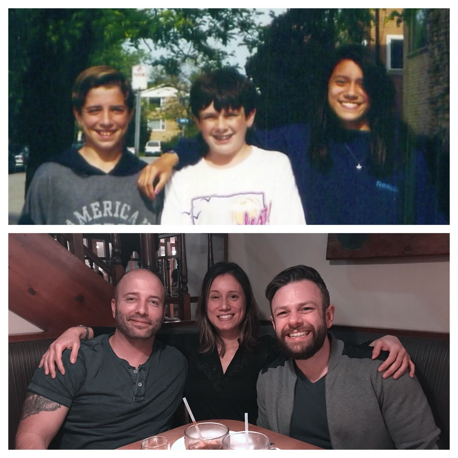 Agnes, Larson, and Joe as kids, and the same three friends as adults today