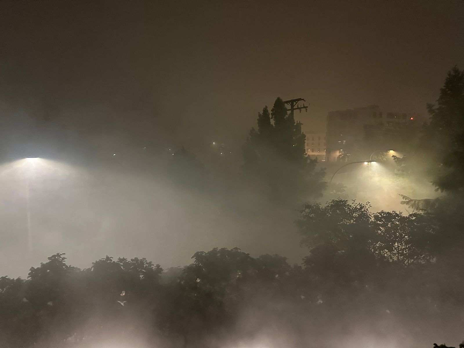 Fireworks glowing through heavy fog, like illuminated clouds