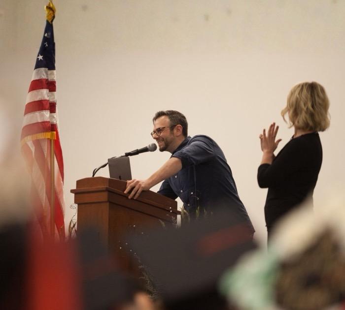 Graduating college, then coming back to give the commencement address.