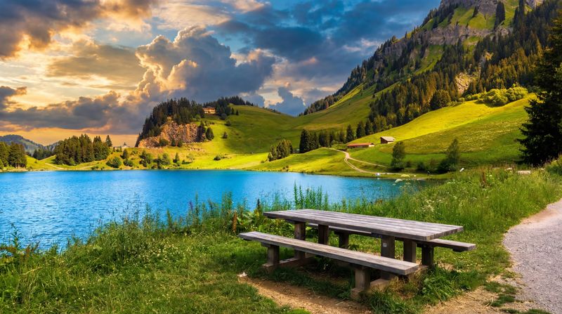 One of the many picnic tables on the shore of Lac de Saint Guérin along the Tour du Beaufortain trail.