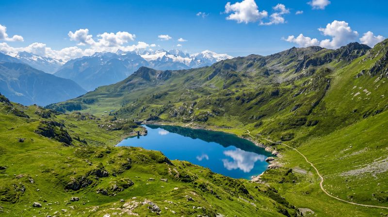 The breathtaking view from Cabane de Panossière southward toward Lac de Fully, and beyond it toward the Mont Blanc range, on the third day of the Tour des Muverans trek in Switzerland.