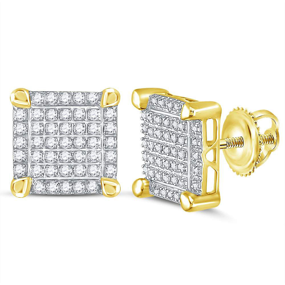 Mens Diamond Square Cluster Stud Earrings 1/4 Cttw 10kt Yellow Gold