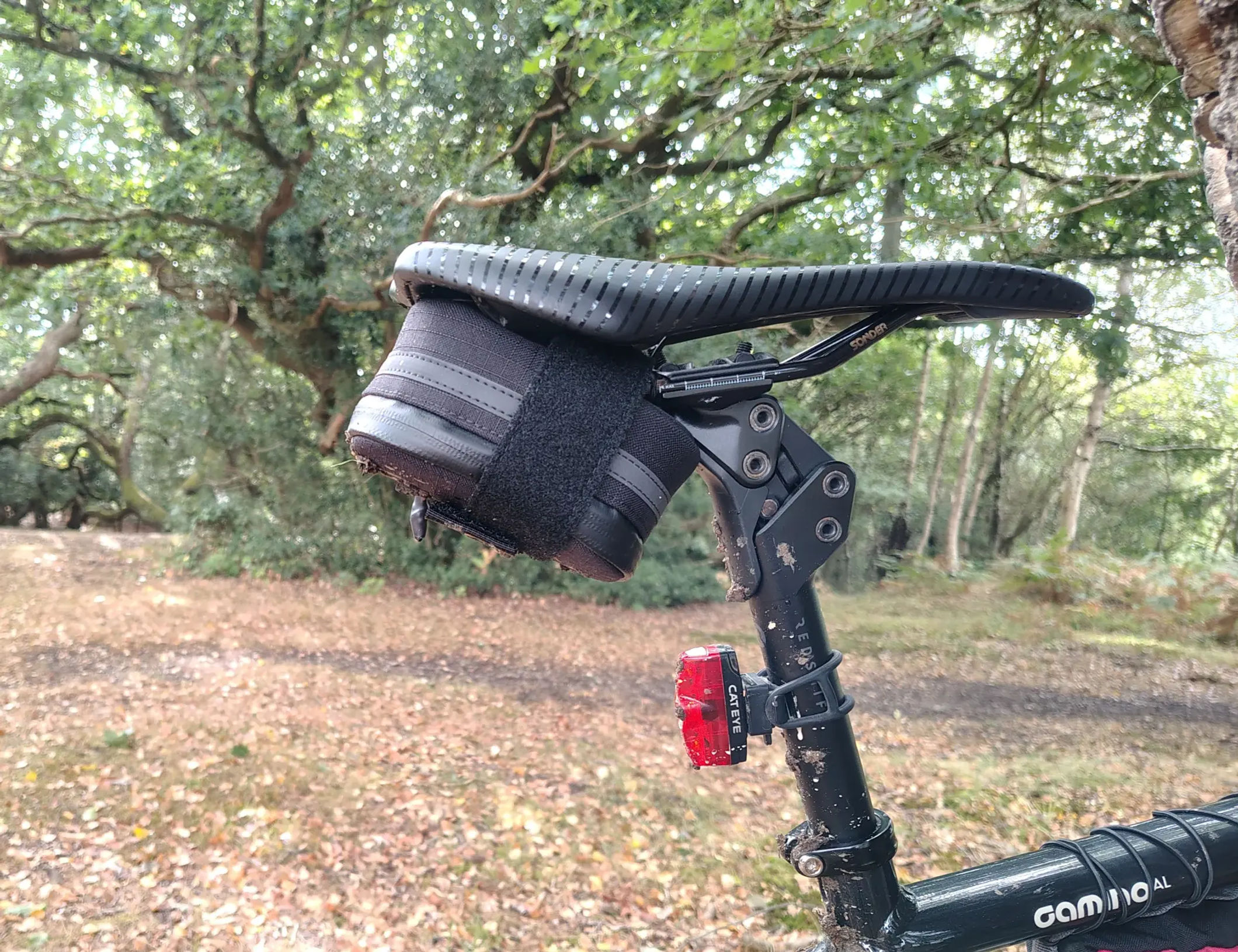 Redshift Quickdraw saddle bag mounted cleanly under a Sonder saddle on a Redshift ShockStop suspension seatpost