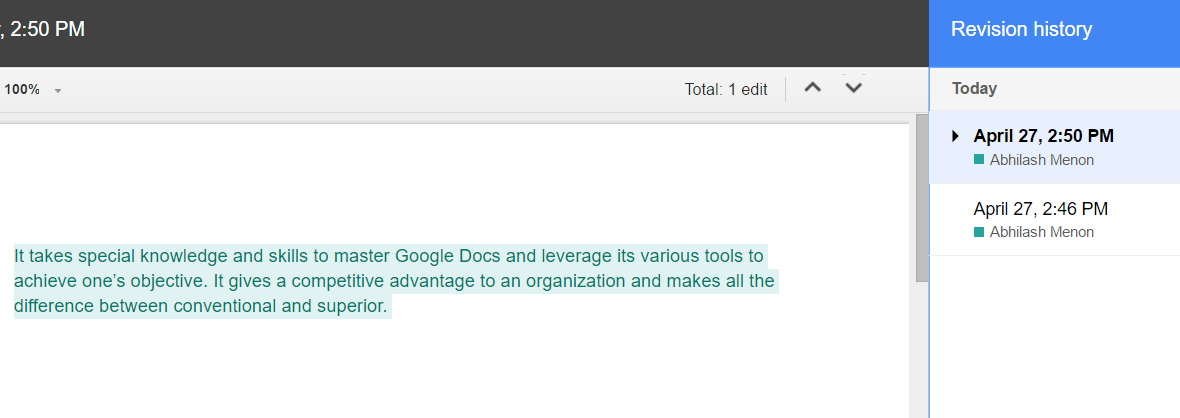 Google Docs revision history