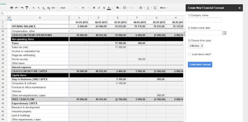 Google Sheets add-ons Financial Forecast