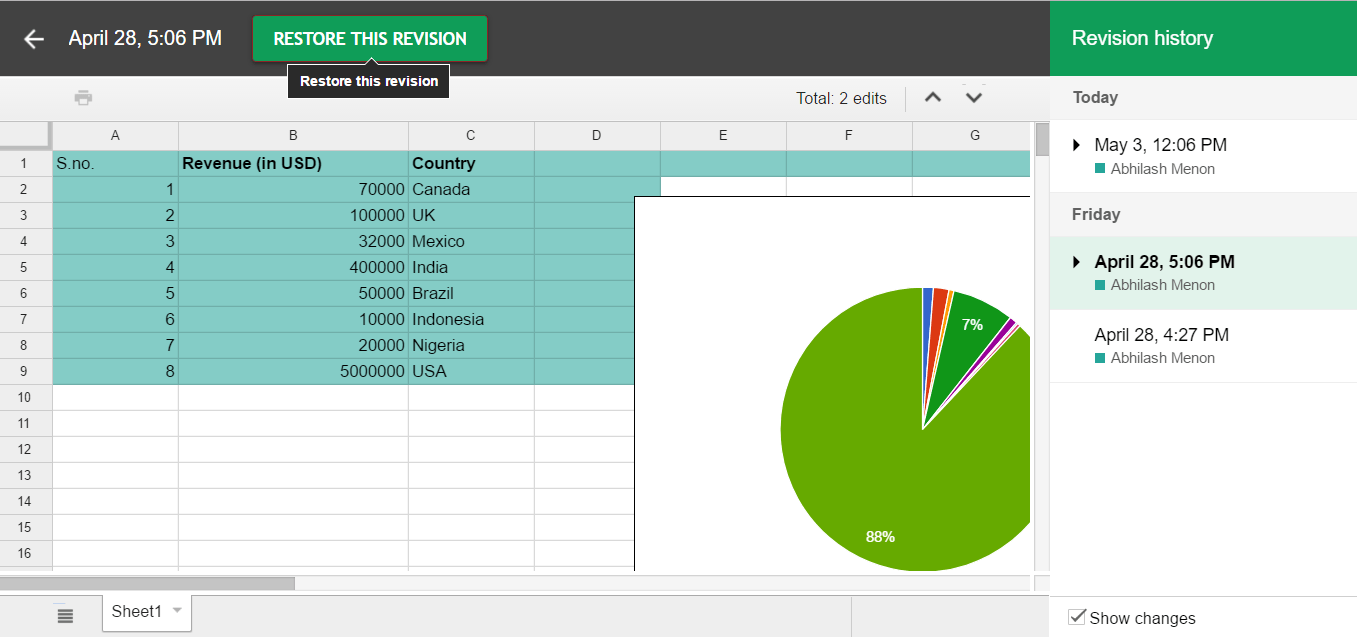 Google Sheets revision history