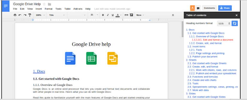 Google docs add-ons Table of contents