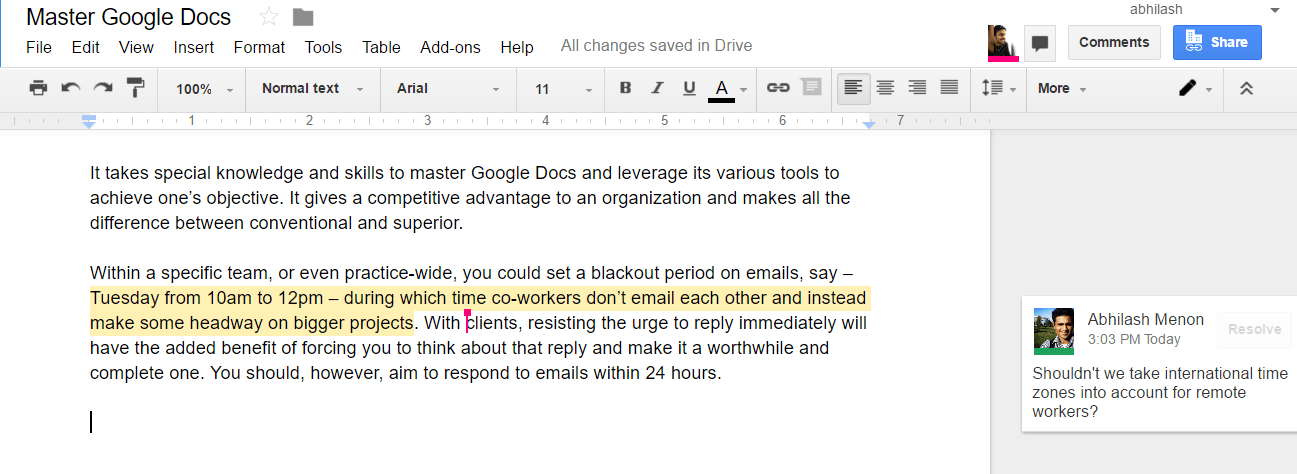 Google docs collaboration comment