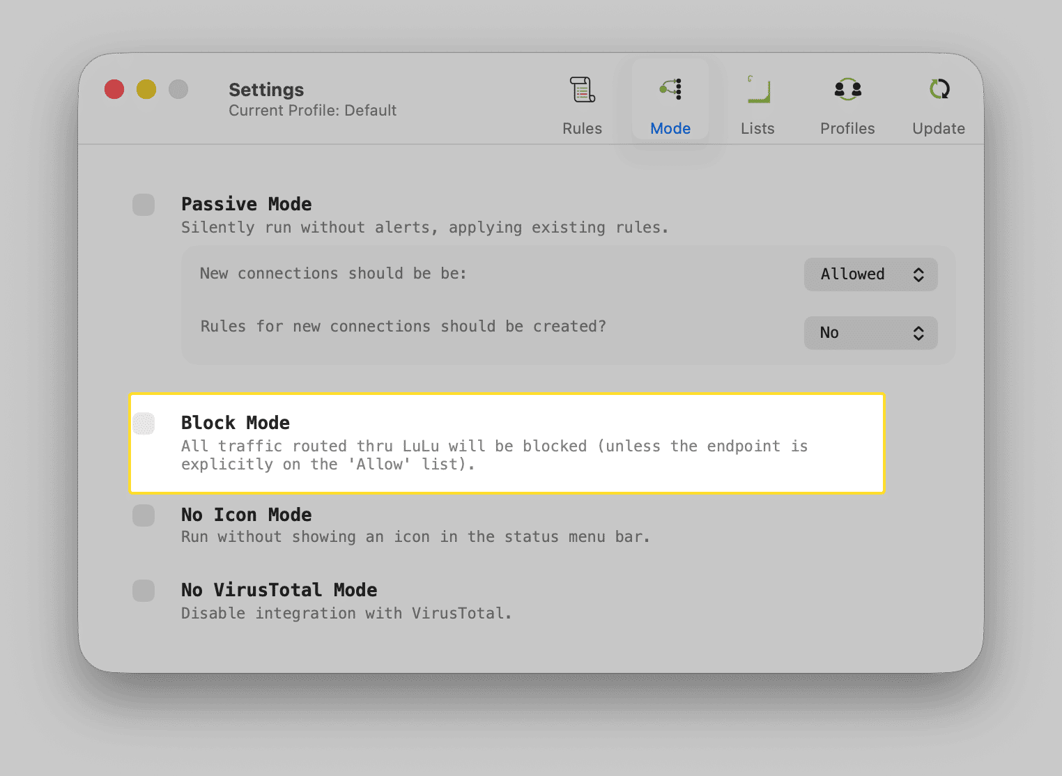 Lulu Block Mode, harus manual mengakses menu ini untuk mengaktifkan block mode
