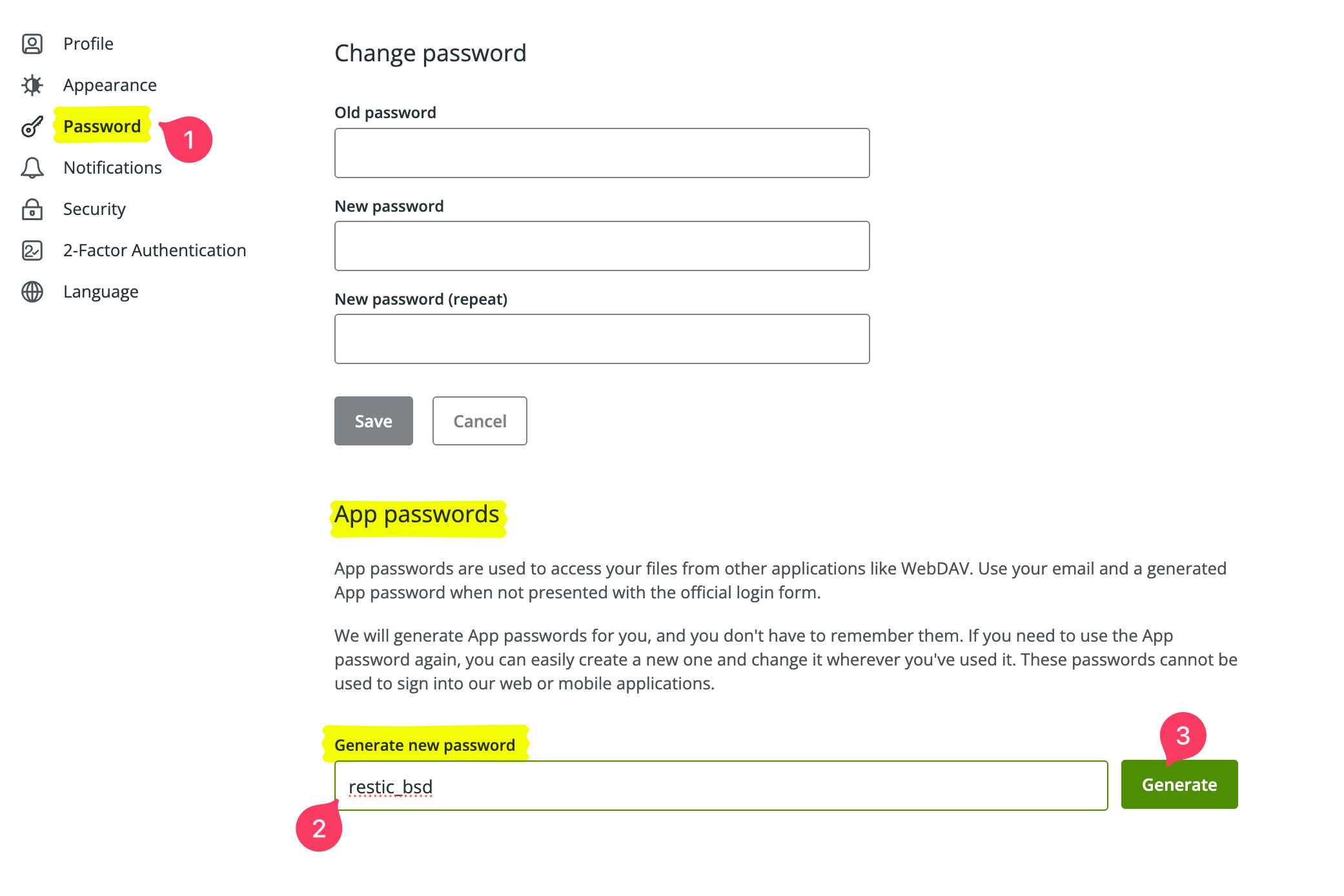 Koofr setup app password