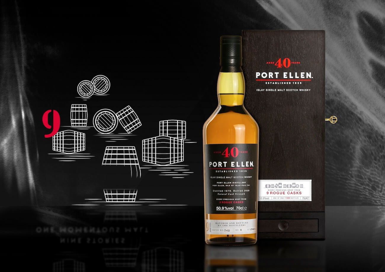 Port Ellen 40年9 Rogue Casks酒瓶及深色盒裝,旁邊以九個桶的線圖說明系列