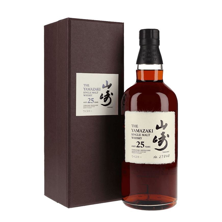 山崎25年單一麥芽威士忌酒瓶與木盒