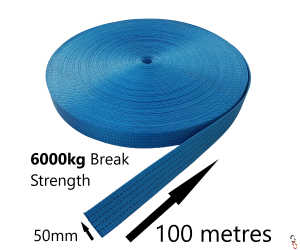100 metre Roll of 6 tonne Break Strength 50mm GWS Blue Ratchet Strap Webbing