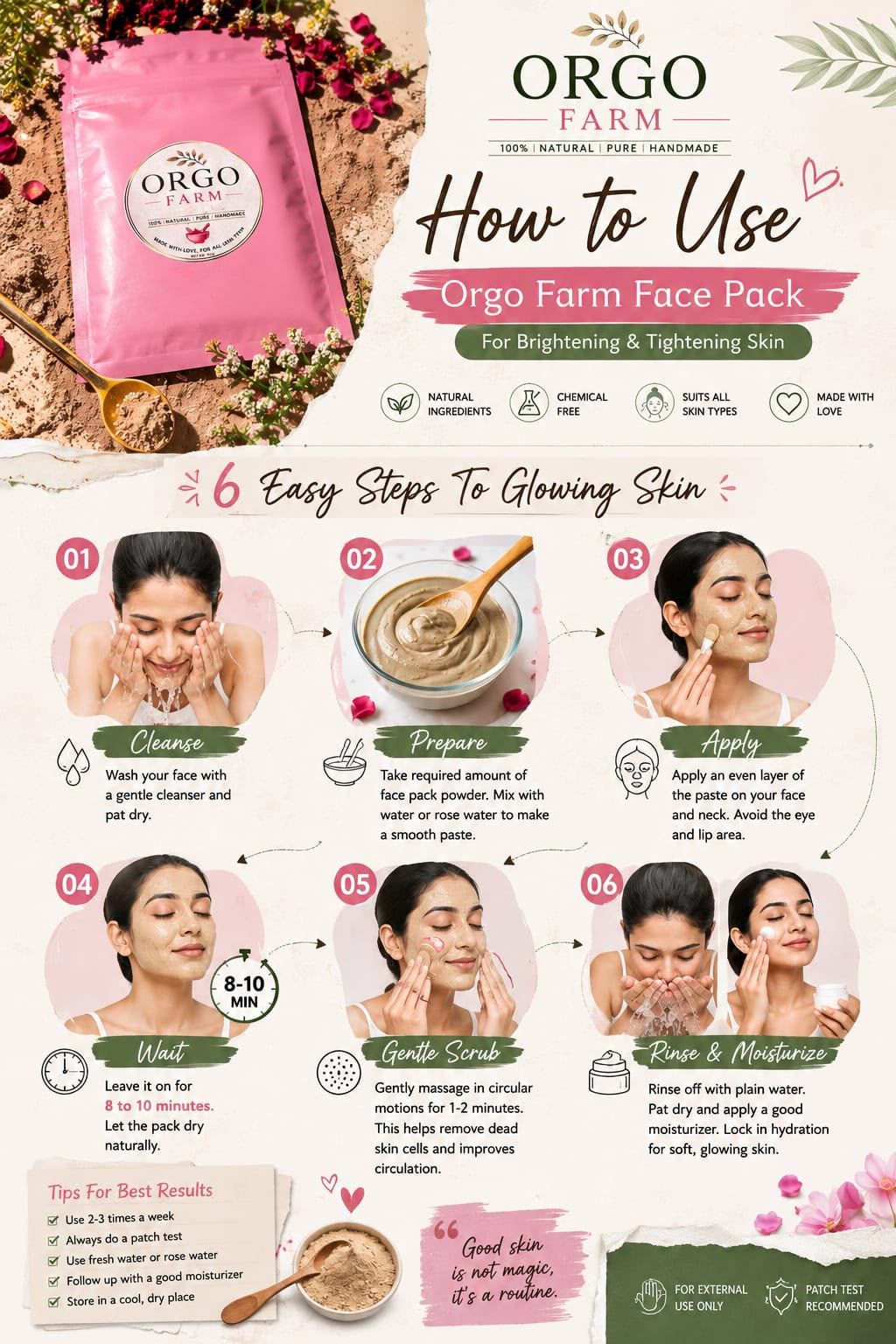 ORGO FARM face pack how-to-use guide