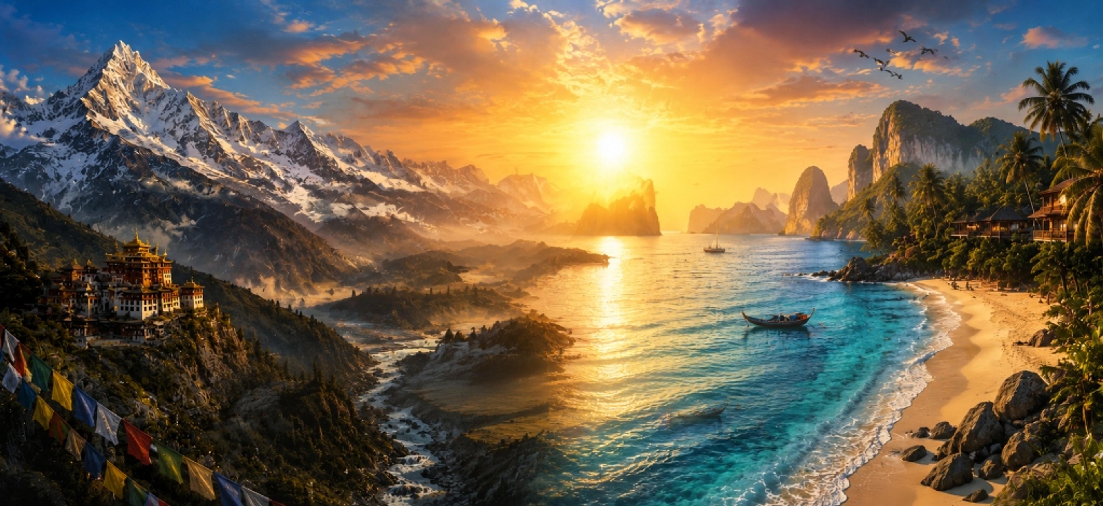 Panoramic landscape bridging Himalayan monastery peaks, golden sunset, and turquoise tropical beach