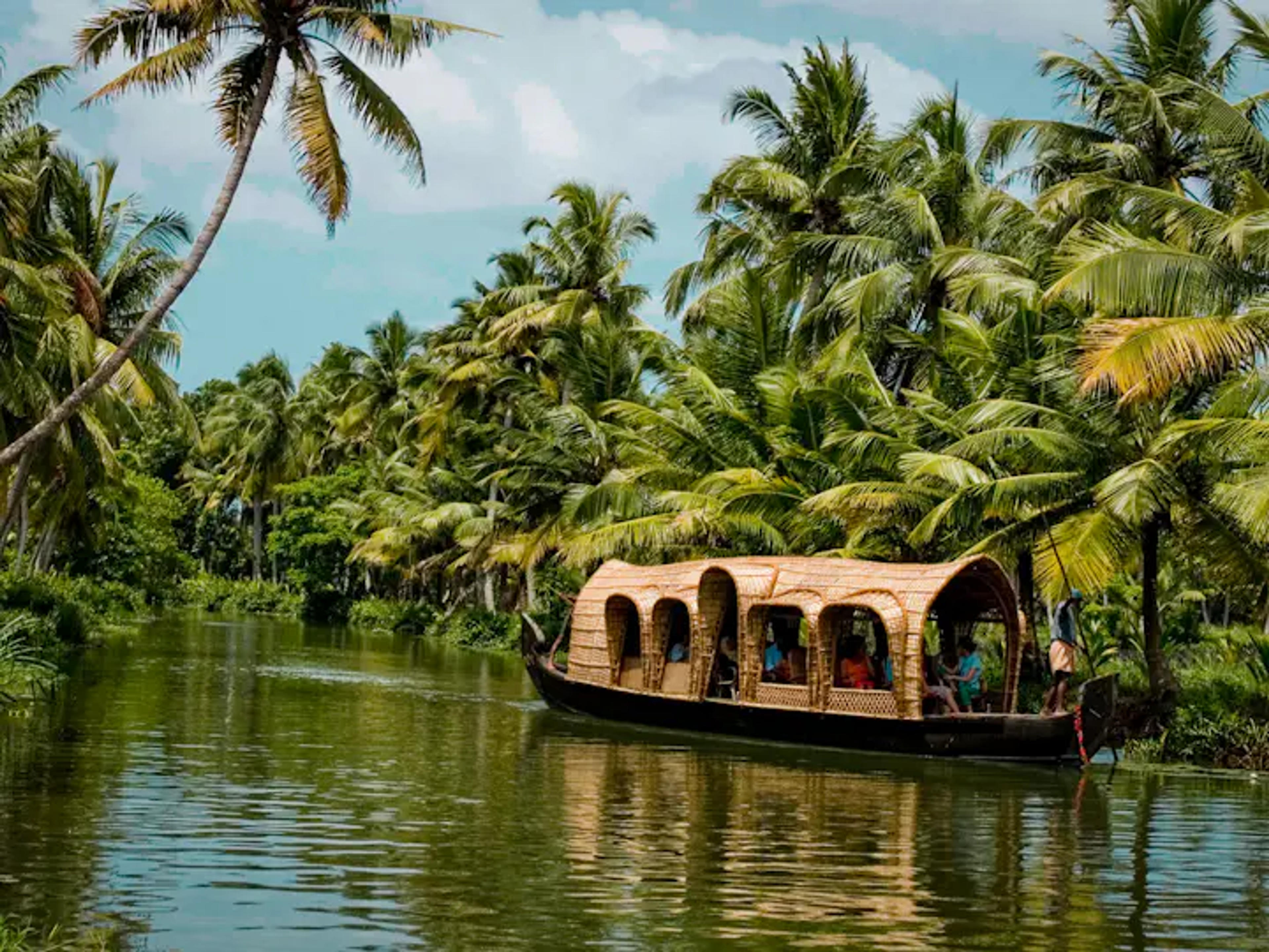 Houseboat cruising palm-lined backwaters in Kerala