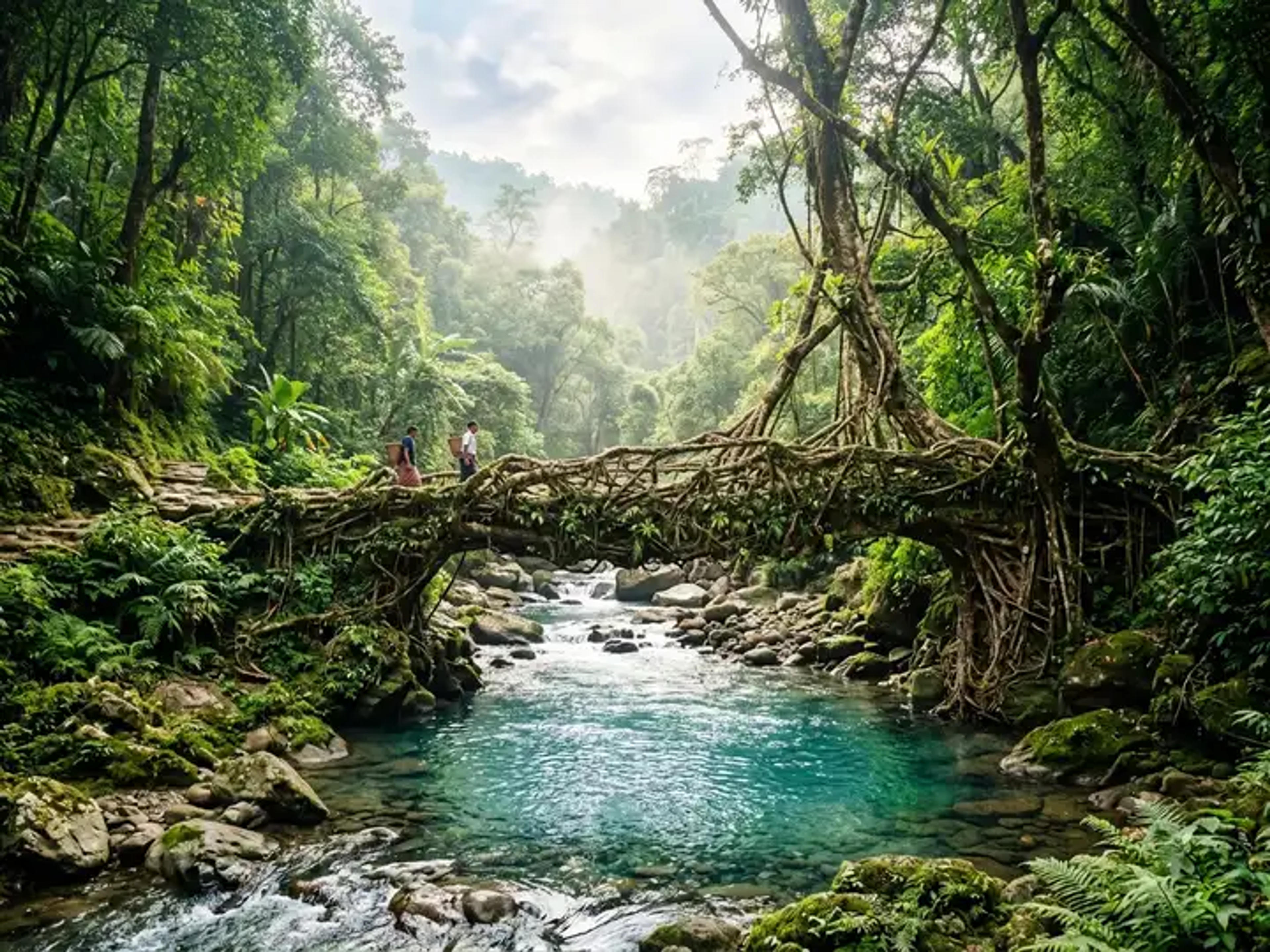 Living root bridge in lush rainforest of Meghalaya with turquoise river